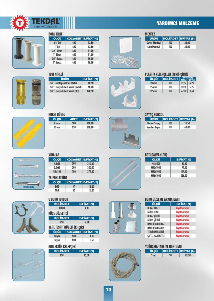 Tekdal Yapı ve Doğalgaz Fiyat Listesi
