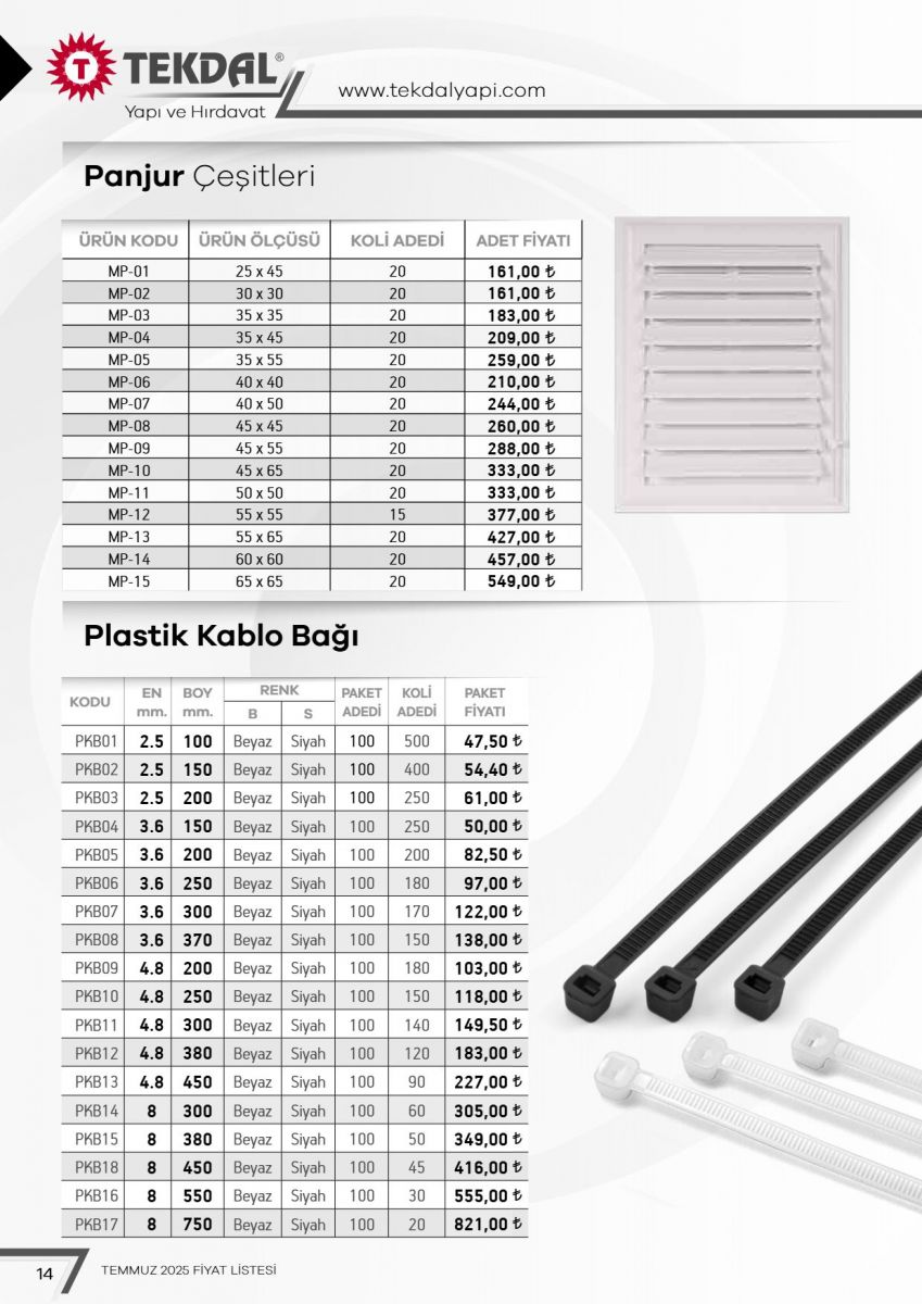 Tekdal Yapı ve Hırdavat Fiyat Listesi