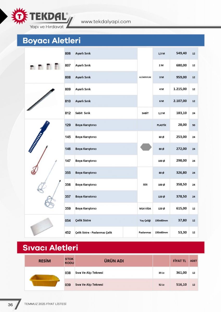Tekdal Yapı ve Hırdavat Fiyat Listesi