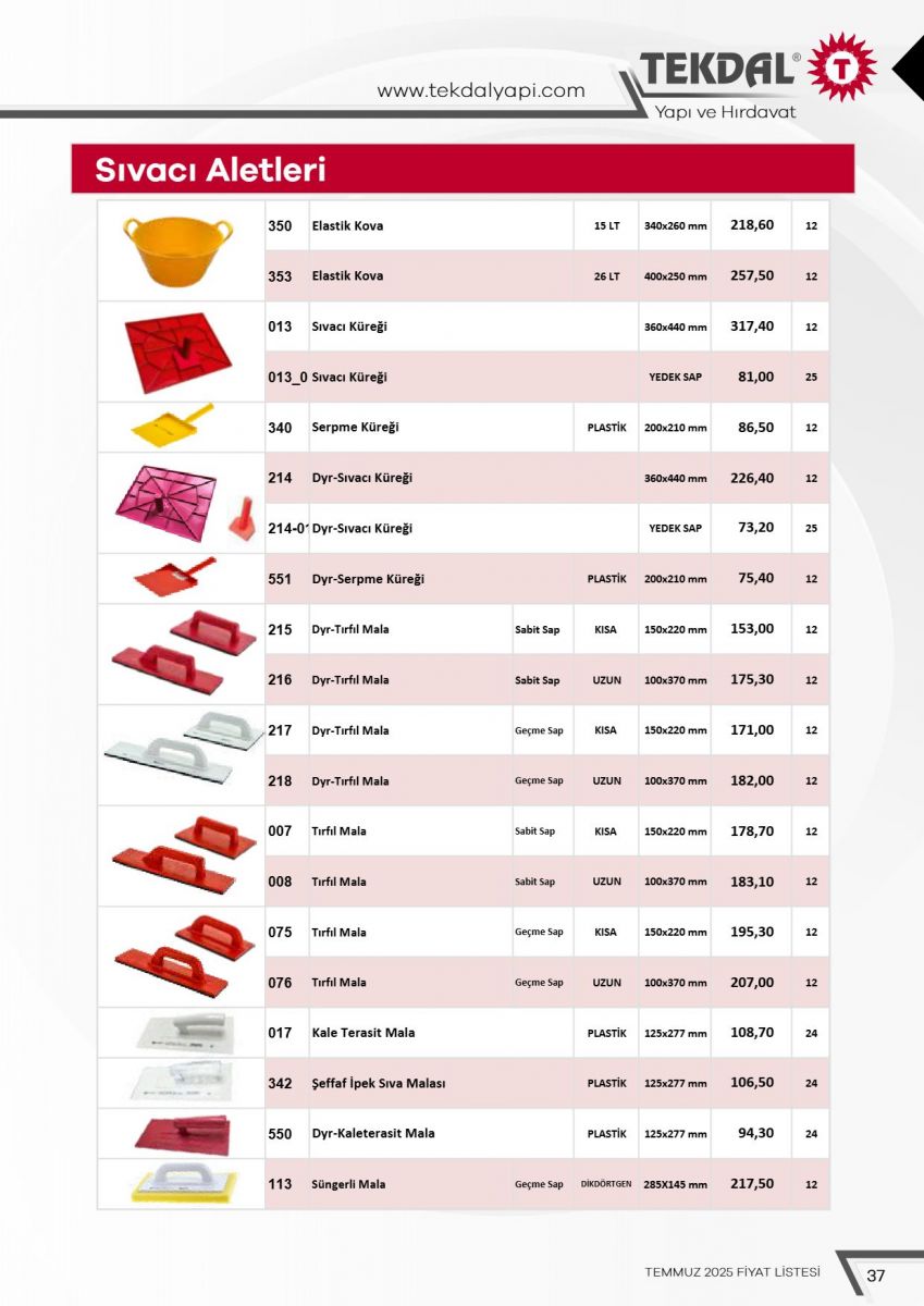 Tekdal Yapı ve Hırdavat Fiyat Listesi