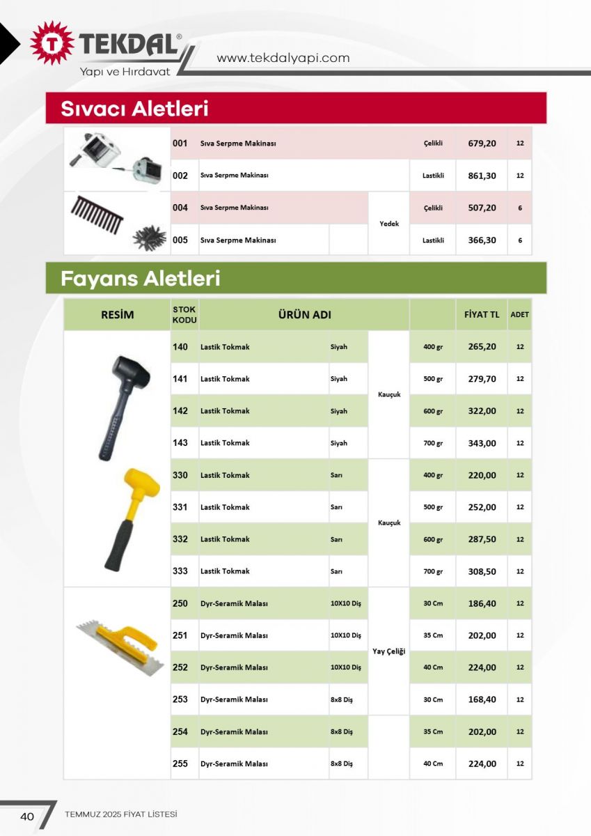 Tekdal Yapı ve Hırdavat Fiyat Listesi