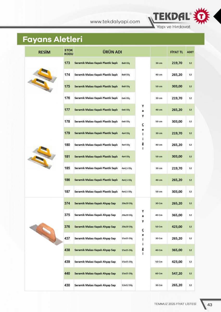 Tekdal Yapı ve Hırdavat Fiyat Listesi