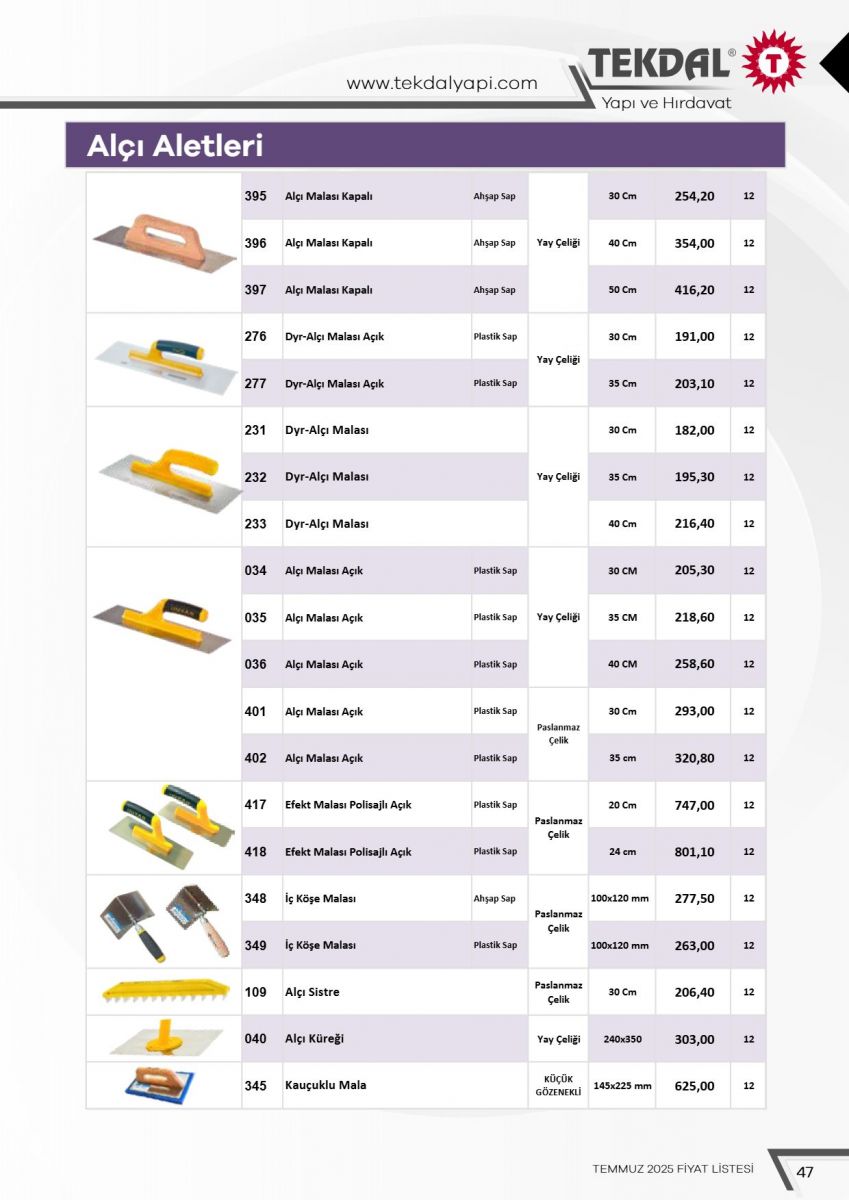 Tekdal Yapı ve Hırdavat Fiyat Listesi