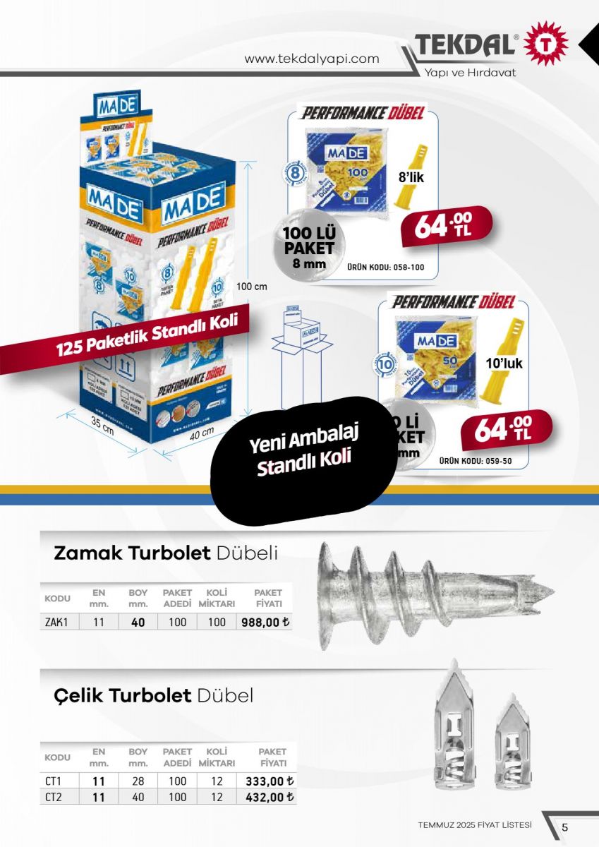 Tekdal Yapı ve Hırdavat Fiyat Listesi